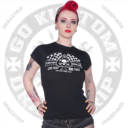 Dragstrip Kustom Girls Checker Wrecker T`shirt - Black Rose